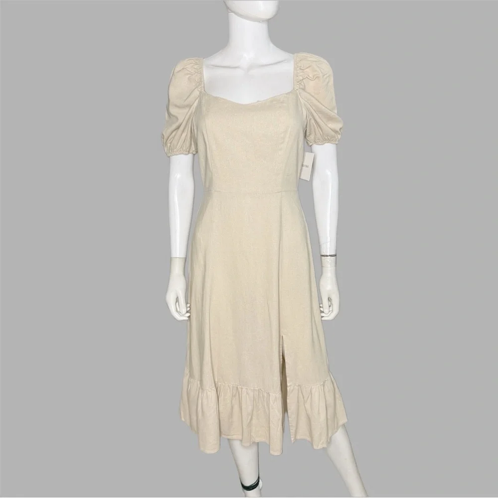 Ellen Tracy Cream Puff‎ Sleeve Linen Blend Peasant Midi Dress